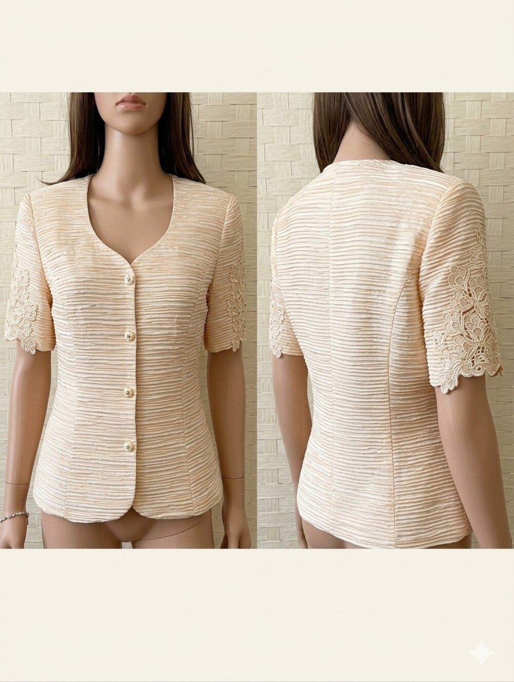 Karen Miller Cream Short-Sleeve Textured Jacket Size 12